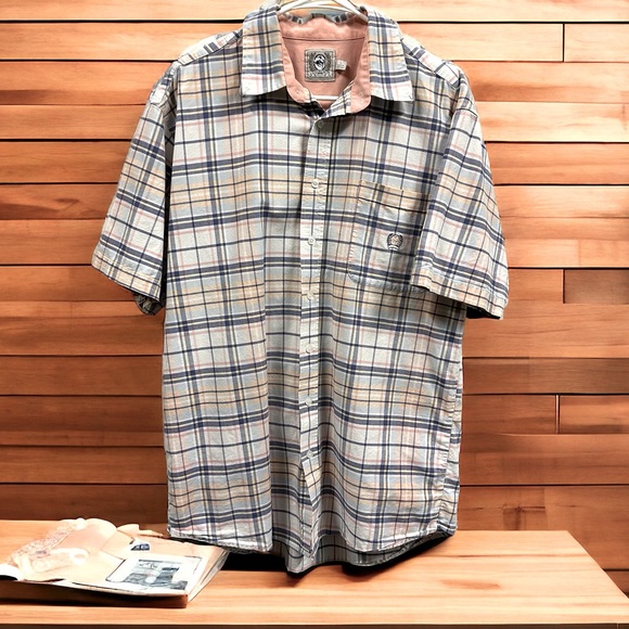 Cinch Cotton Short Sleeve Button Down Collar Shirt White Blue Peach Plaid Large - Picture 6 of 6